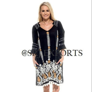 Femmes Boho jardin Antique soleil robe mi-longue 3/4 bulle manches Pom Pom garniture col en v dentelle décoration 6XL plage fêtes tenue décontracté - Product Image 1