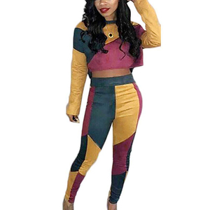 New 2018 color block hoodie women sweat custom Jogging suits slim fit sports 2 pcs set woman tracksuits - Product Image 2