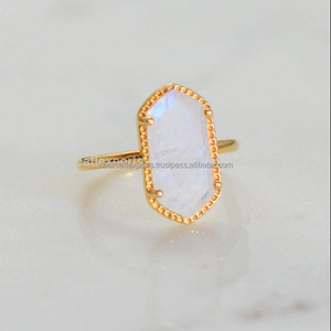 Minimalist Stacker Gemstone <b>Moonstone</b> <b>Ring</b> Stackable Gold Prong with Rhodium Plating for Wedding or Party - Product Image 2