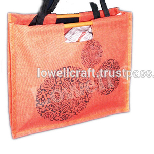 Orange Non-Woven Jute Shopping <b>Bag</b> with Bohemian Pattern Zipper Closure From Delhi by Lowellcraft.com - Product Image 1