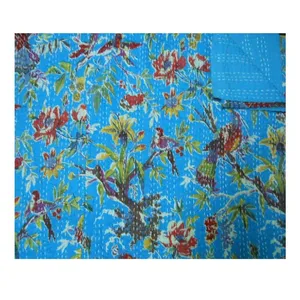 Sky Blue Bird Paradise Print Hand block Baumwoll stoff Kantha Quilt Decke Überwurf Tages decke Bettwäsche Hotel Quilt Made In India