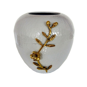 Hammered Metal Pot Flower <b>Vase</b> With Golden Flower Outside - Product Image 1