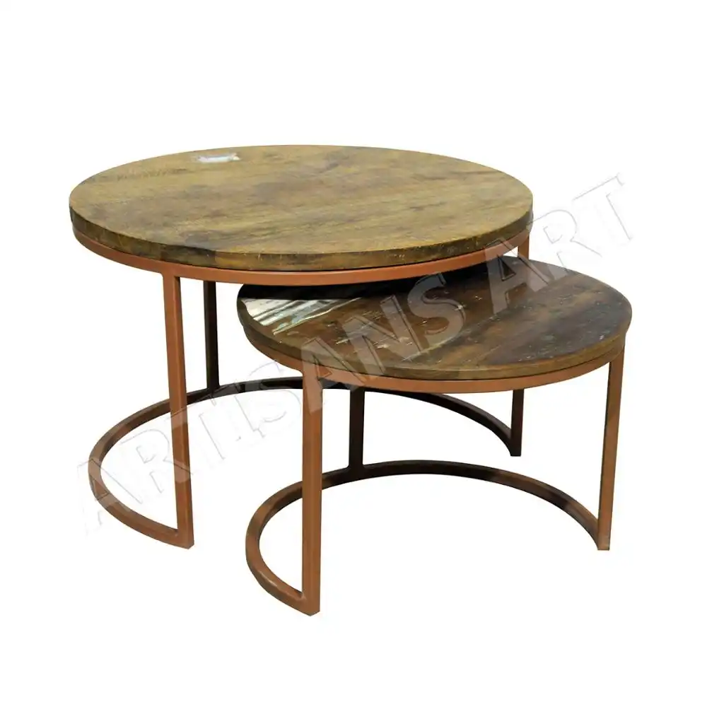 ريفي المعادن الصناعية الخشب طقم طاولات متداخلة خمر المستصلحة الخشب خشب مانجو قاعدة معدنية عش طاولة القهوة الجدول