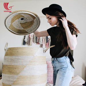 Large Seagrass Storage <b>Basket</b> <b>With</b> <b>Lids</b>/seagrass <b>Basket</b> <b>With</b> Plastic String Weaving - Product Image 4