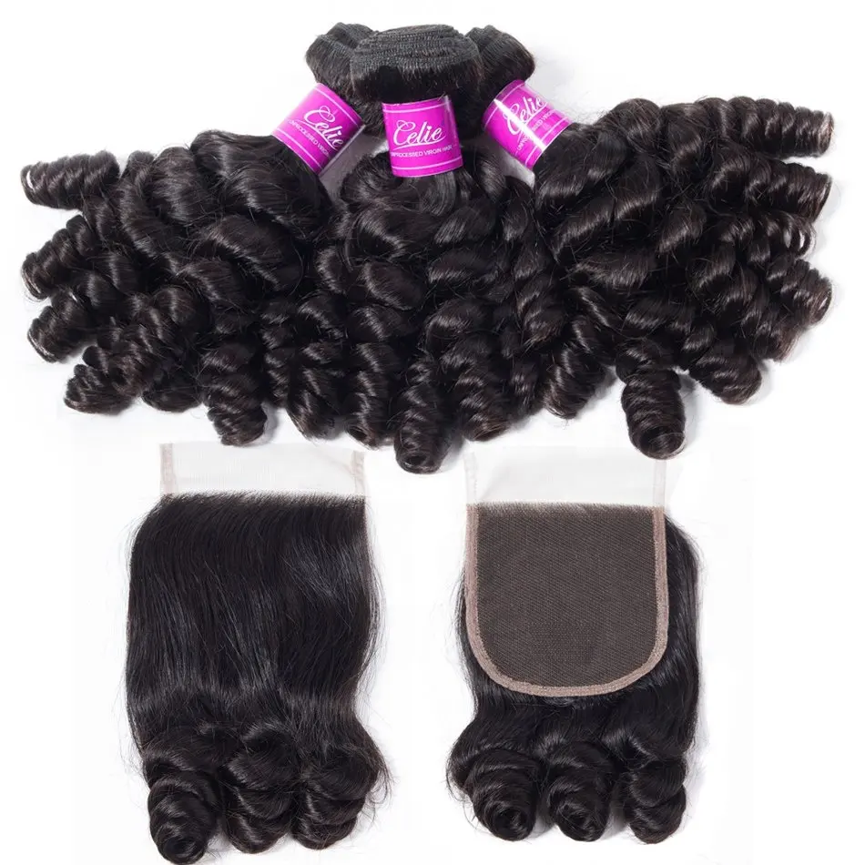 10A Cheveux Brésiliens Romance Boucles Gonflables Funmi Cheveux Humains Remy Vierge Extension Fumi Cheveux avec la Fermeture de la Dentelle 4x4