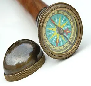 Handmade Nautical Vintage Style Nautical Cane Brass Compass Handle Wooden Walking Stick