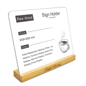 Slant Terug Ontwerp Teken Display Tafel Menu Stand Clear Acryl 8x10 Teken Houder met Houten Slot