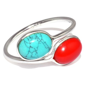 Surmontant rouge _ vert corail Turquoise en forme ovale bague en argent Sterling 925 bijoux en argent fin bijoux en argent frais - Product Image 1