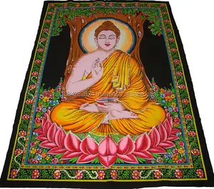 Indian printed on cotton Buddha meditation under trees cotton wall hanging