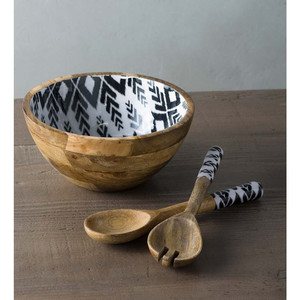 Saladier en bois d'acacia émaillé avec fourchette et cuillère à salade - Product Image 1