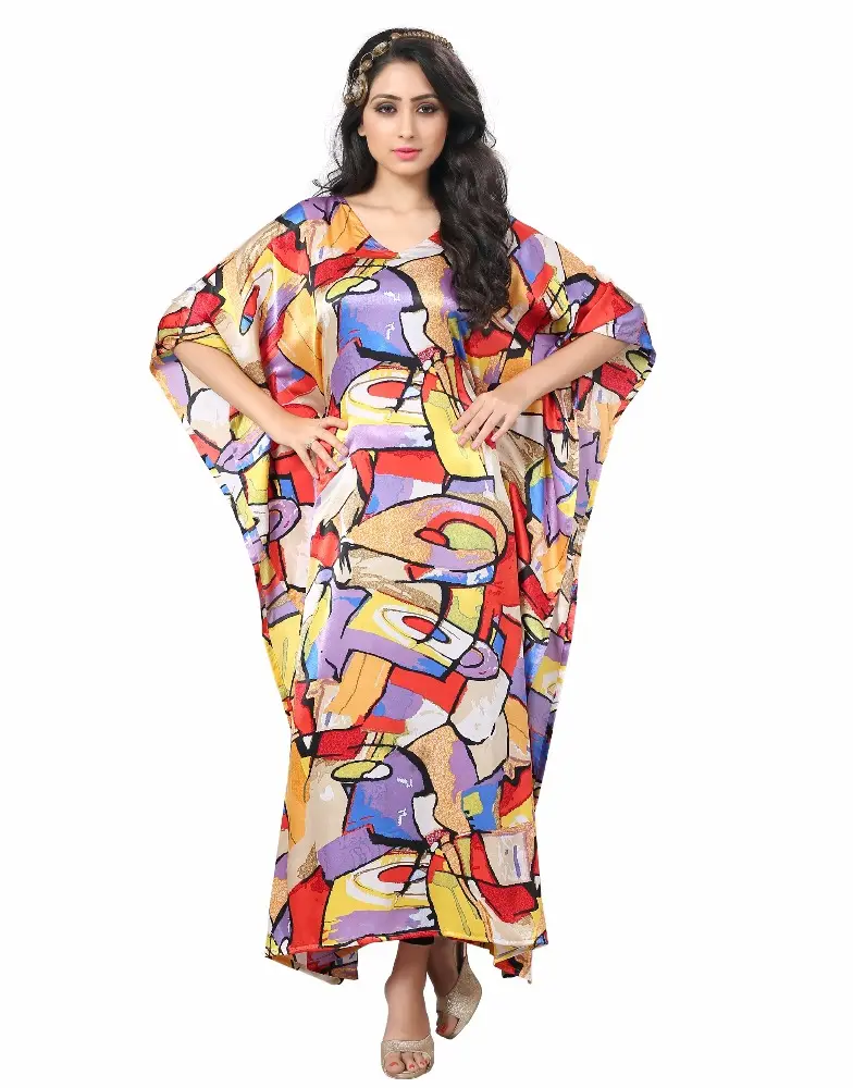 Women's Colorful Printed High Quality Japan Satin Silk Kaftan / Latest V-Neck Fashionable Kaftan