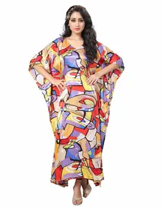 महिलाओं के रंगीन मुद्रित उच्च गुणवत्ता जापान साटन रेशम कफ्तान/नवीनतम वि गर्दन फैशन कफ्तान