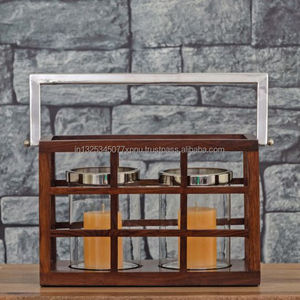 Wooden Hurricane <b>Lantern</b> With Silver Metal Handle - Product Image 1