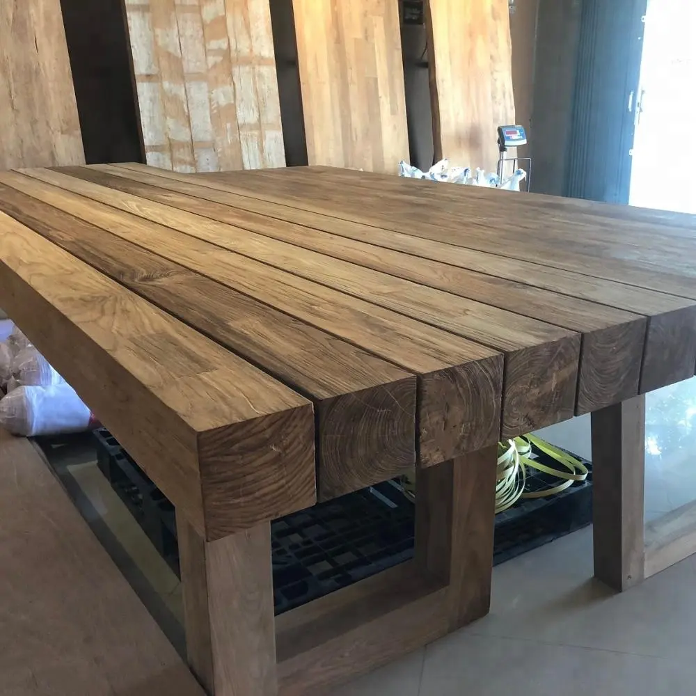 TABLE À MANGER DE RESTAURANT EN TECK RÉCUPÉRÉ MODÈLE DE POUTRE EN BOIS