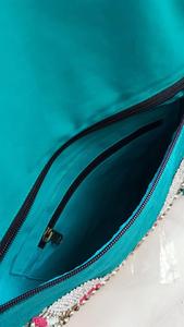 Vibrant <b>Blue</b> Silk Clutch <b>Purse</b> with Coin and Fringe Detail Elegant Leopard Pattern Beaded and Sparkling Detail PU Lining - Product Image 4