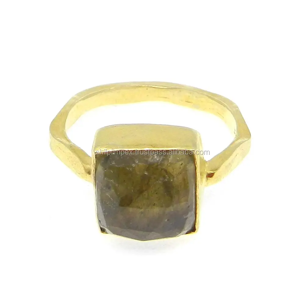 Natural labradorite gemstone 925 sterling silver gold plated designer hammered bezel set ring