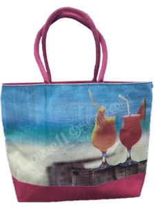 Jute Shopping <b>Bag</b> with Geometric Pattern Mini Size Rope Handle Daily Use Lowellcraft JBB05631 - Product Image 4