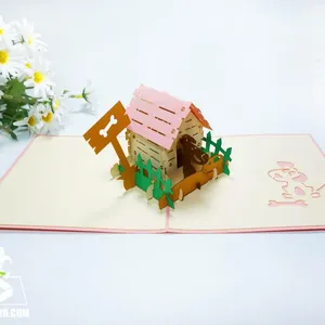 Carte animal mignon rose chien chenil carte pop up fait main kirigami vente en gros fabrication artisanat - Product Image 1