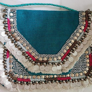 Vibrant <b>Blue</b> Silk Clutch <b>Purse</b> with Coin and Fringe Detail Elegant Leopard Pattern Beaded and Sparkling Detail PU Lining - Product Image 3