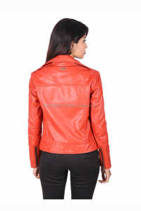 Chaquetas elegantes para mujer, chaqueta de motorista acolchada de cuero de piel de oveja auténtica roja, transpirable, de marca hecha en fábrica para la temporada de invierno - Product Image 6