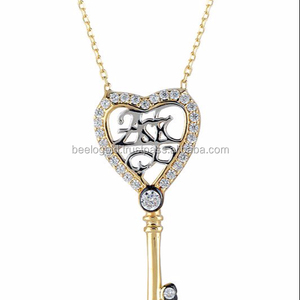 Solide 14K Jaune Or Coeur Clé Charme Collier Femmes Fine Bijoux Zircon Élégant Pendentif Chaîne Occasions De Fête À La Main Turquie - Product Image 1