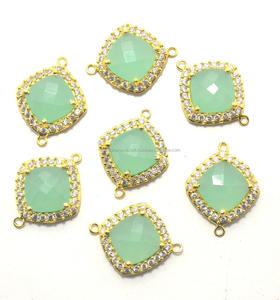 925 Sterling Silver <b>Jewelry</b> <b>Findings</b> Aqua Chalcedony Gemstone Double Bail Faceted Bezel Connector Durable Brass CZ Cushion Shape - Product Image 2