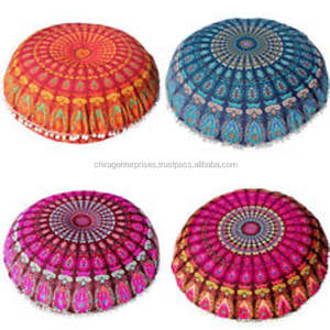 Handmade 32\" Boho round Cushion <b>Cover</b> Mandala Ethnic Cotton for Living Room Decorative Pom Pom Functional Pillows & Positioners - Product Image 6