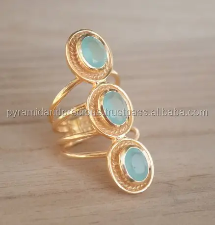 Gold Plated Aqua Chalcedony Gemstone Ring - Gold Plated 3 Stone Gemstone Ring