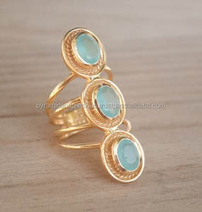 Bague en pierre précieuse de calcédoine, plaqué or, 3 pierres précieuses, avec cristaux d'eau, plaqué or - Product Image 1