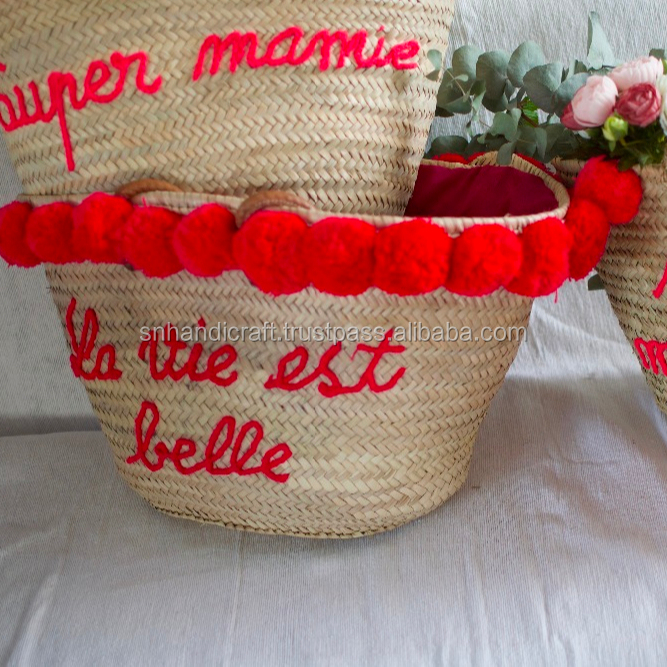 Cesta grande marroquí de Tassle cesta de Playa del mercado francés, cesta de pom-pom - Product Image 1