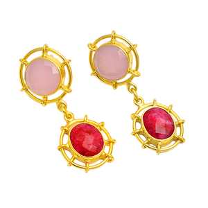 Rose Chalcedony Ruby Gemstone 925 Sterling Silver Earrings Gold-Plated Bezel Setting Designer Fashionable Wedding Anniversary - Product Image 2