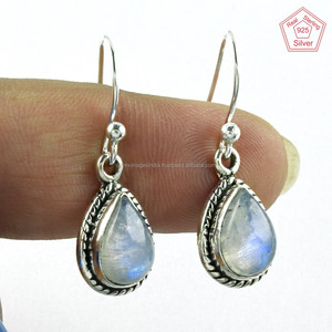925 Sterling <b>Silver</b> <b>Drop</b> <b>Earrings</b> with Blue Fire Rainbow Moon Stone Elegant Party and Wedding Accessory or Gift - Product Image 1