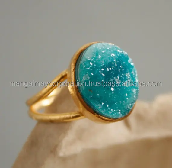 Unique Stylish Handmade Oval Blue Druzy Gems Ring 12 mm In Size 925 Silver Gold Plated Ring Bezel Set Modern Style Ring Jewelry