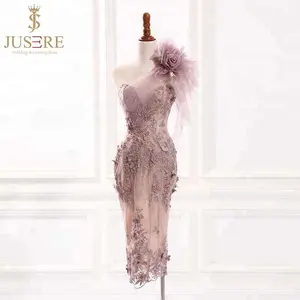 Robe courte une épaule appliqué fleur longueur genou dentelle robe de cocktail robe de soirée