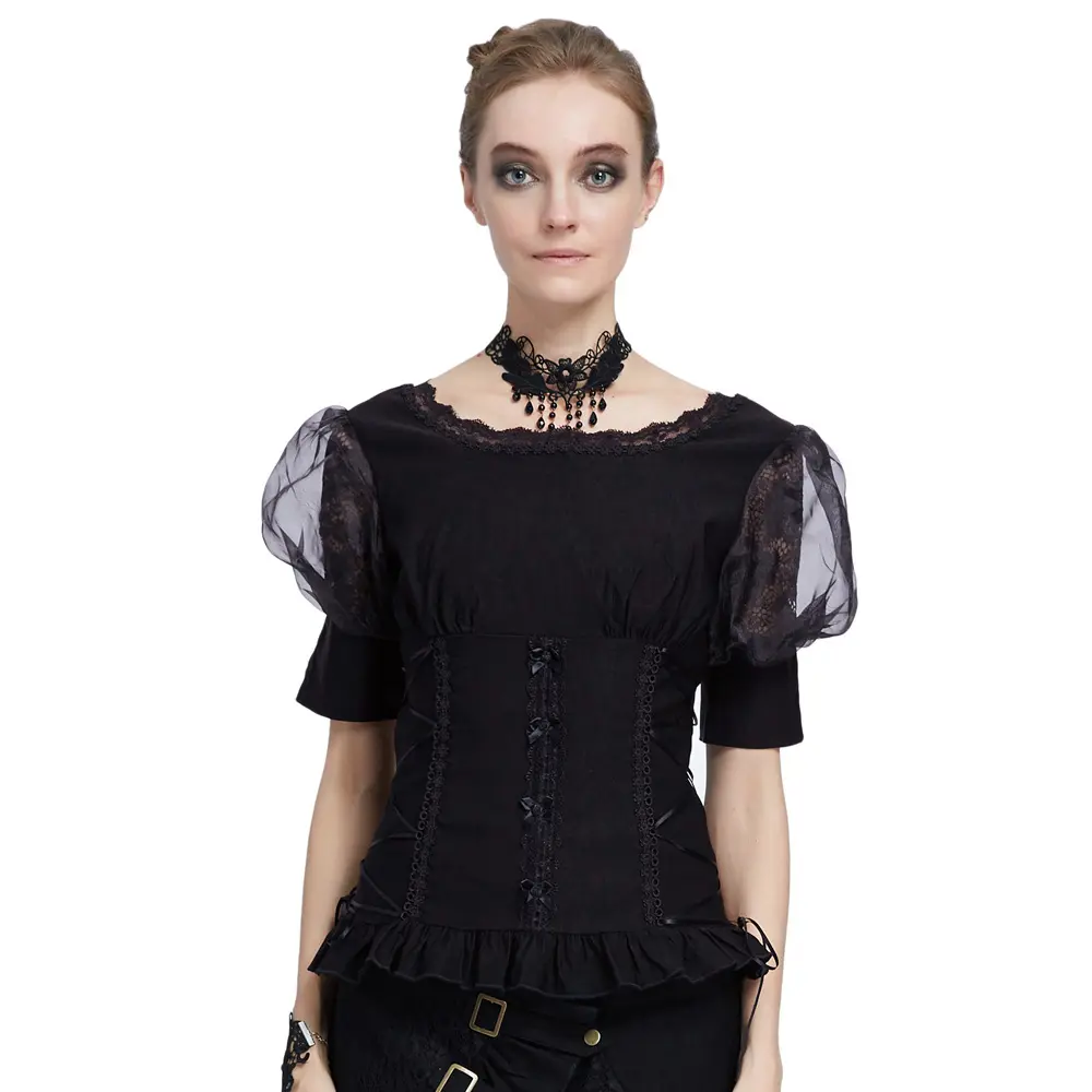 BP Retro Vintage Gothic Victorian 1/2 Sleeve V-Back Corset-Style Puff Sleeve Lace Woman's Tops