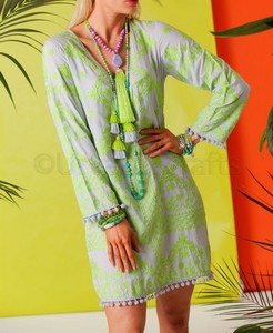 Women Sexy Short Tunic Dress Embroidery Work Full Sleeve with <b>Pom</b> <b>Pom</b> Lace V- Neckline Summer Casual Short Tunic Tops - Product Image 1