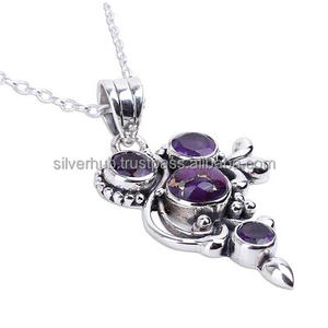 Pendentif Turquoise en cuivre violet de forme ronde avec pierre précieuse améthyste Pendentif en argent sterling 925 fait à la main Bijoux de déclaration ODM - Product Image 2