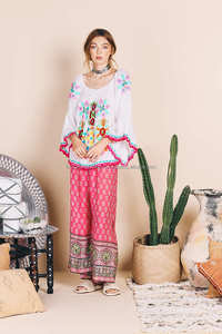 เสื้อสไตล์ฮิปโปโบฮีเมียนเสื้อเบลาส์สำหรับผู้หญิงเสื้อเบลาส์เปิดไหล่ชายโค้งเปิดไหล่มีระบายสไตล์โบฮีเมียน - Product Image 2