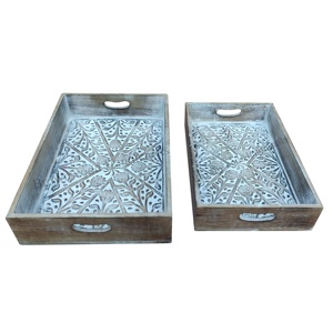 Plateau de service personnalisé en bois de manguier de qualité supérieure lot de 2 beaux plateaux sculptés à la main du fabricant indien au prix de gros - Product Image 1
