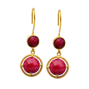 Round Briolette Ruby Gemstone Fixed Ear <b>Wire</b> Earrings 925 <b>Sterling</b> <b>Silver</b> Jewelry With Gold Plated Fashionable Earring For Women - Product Image 1