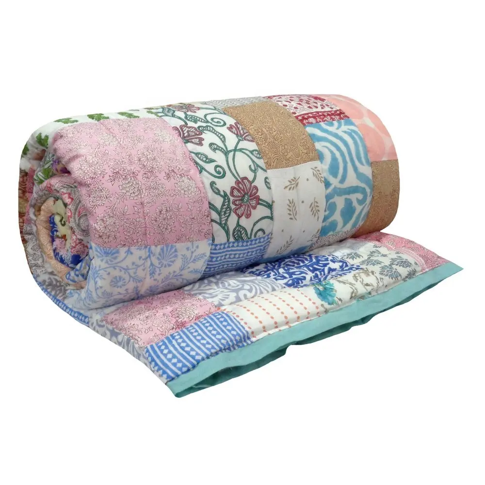 Ultima trapunta in morbido cotone con stampa Patchwork Queen Size stampata in stile indiano a mano per la vendita