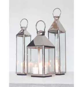 Metal & Glass Hanging Lantern With Nickel Plating Finishing Square Shape High Quality With Handle For Home Decoration Set of 3
