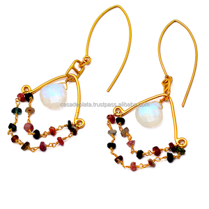Rainbow Moonstone Natural Tourmaline Gemstone sólido 925 Pendientes chapados en oro de plata esterlina pendiente de moda para boda. - Product Image 1