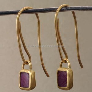 Vintage Indian Fashion <b>Purple</b> Amethyst Gemstone Drop Earrings with Gold Plating for Weddings and Parties Great <b>Gift</b> Idea - Product Image 1