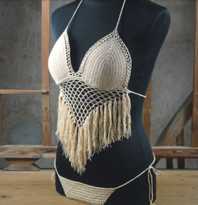 Handmade Boho Bohemian <b>Crochet</b> Bikini Swimsuit Hippy <b>Set</b> Top Tribal Tassel Beach - Product Image 1