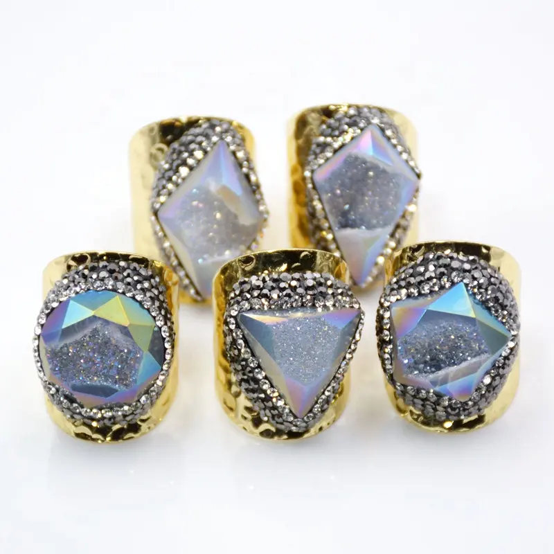 Fashion Gold Plated Natural Agate opal white Druzy Band Ring Natural Gemstone Ring pave rhinestone Handmade Geode Jewelry Ring