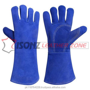 Gants de soudage ISONZ de qualité supérieure en cuir suédé bleu à double paume de 14 pouces, anti-impact, anti-coupure, résistants à la chaleur, robustes - Product Image 1