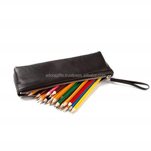 Stationery Pencil Case Organizer / Genuine Leather Zipped Pencil Case Pen <b>Holder</b> <b>Stationary</b> Pouch Bag Case School - Product Image 2