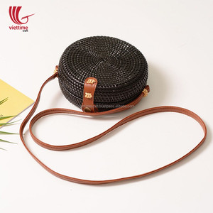 Уникальная круглая соломенная сумка из ротанга ручной работы с кожаной ручкой/черная винтажная круглая женская сумка через плечо - Product Image 2