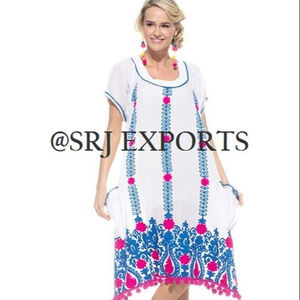 Premium Luxury Cotton <b>Summer</b> Aari Embroidery Flattering Knee Length Bubble Sleeve Outer Pockets Lovable Pom Pom Women <b>Dress</b> - Product Image 4